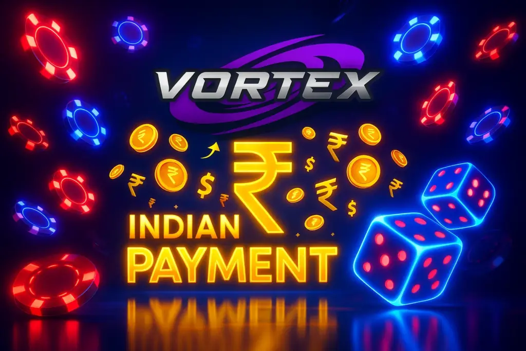 A striking casino-themed design featuring the text "INDIAN PAYMENT" in glowing yellow letters, accompanied by neon casino chips in blue and red, various currency symbols, and two dice. The word "VORTEX" is at the top with a purple swoosh design
